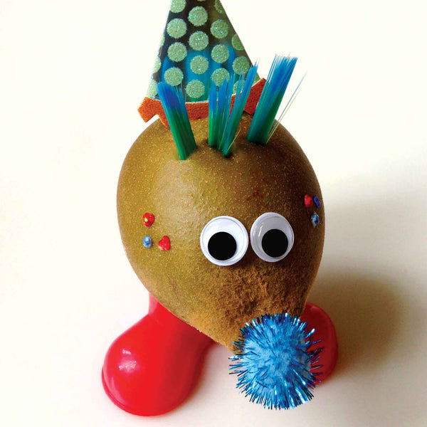Kiwi character in a party hat
