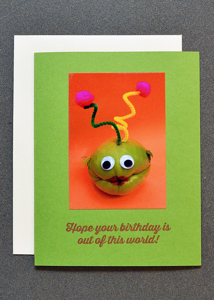 Chayote squash alien character on birthday greeting card