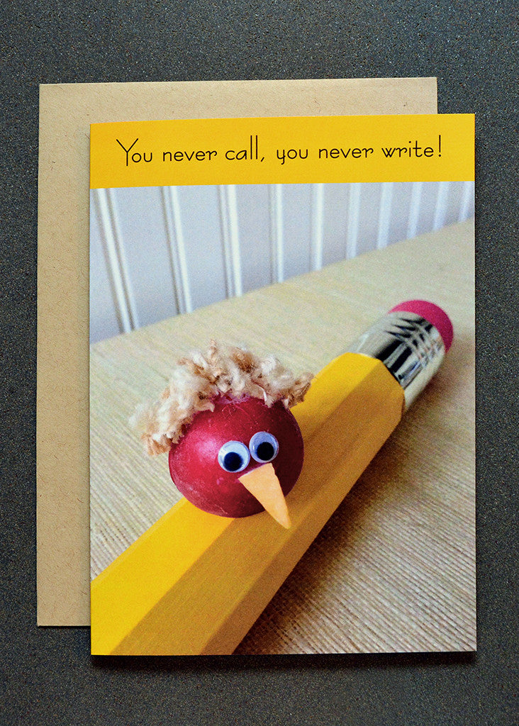 Cute radish character sitting on a yellow pencil greeting card